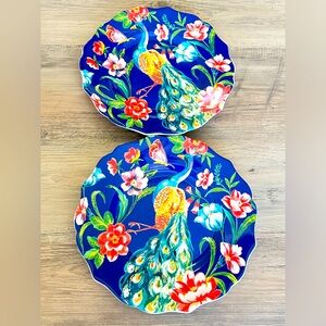 Pier 1 Peacock Luncheon Salad Plates 8.5” Floral Scalloped Edge